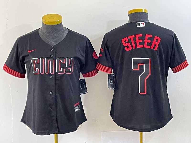 Womens Cincinnati Reds #7 Spencer Steer Black 2023 City Connect Cool Base Stitched Baseball Jersey